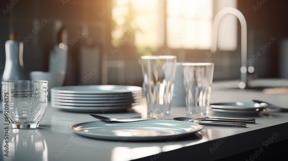 Close up of modern dining table with empty plates and cutlery.generative ai Close up of modern dining table with empty plates and cutlery.generative ai