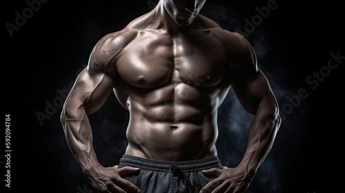 Handsome young man with muscular body and tattooed torso standing over dark background.generative ai