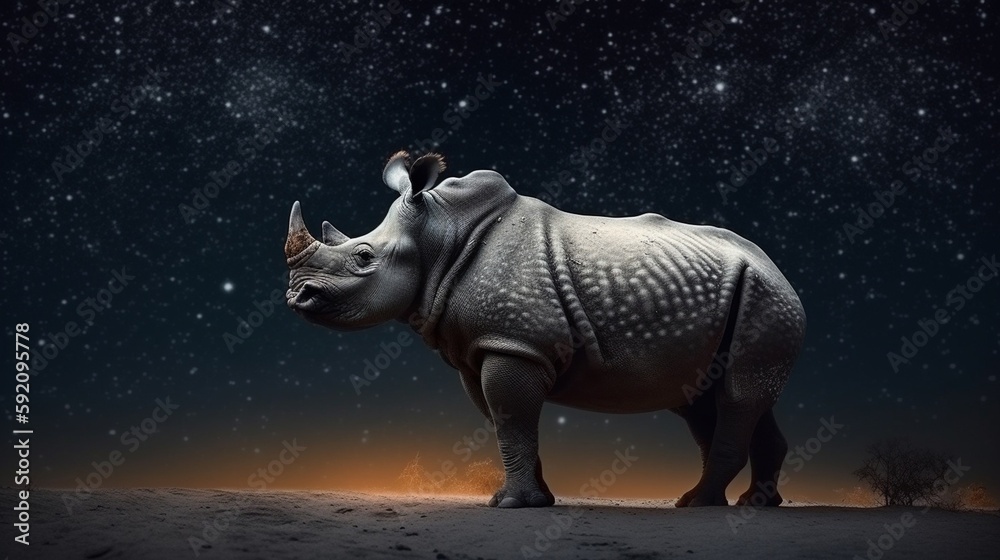 Fototapeta premium White rhinoceros standing in desert at night. generative ai