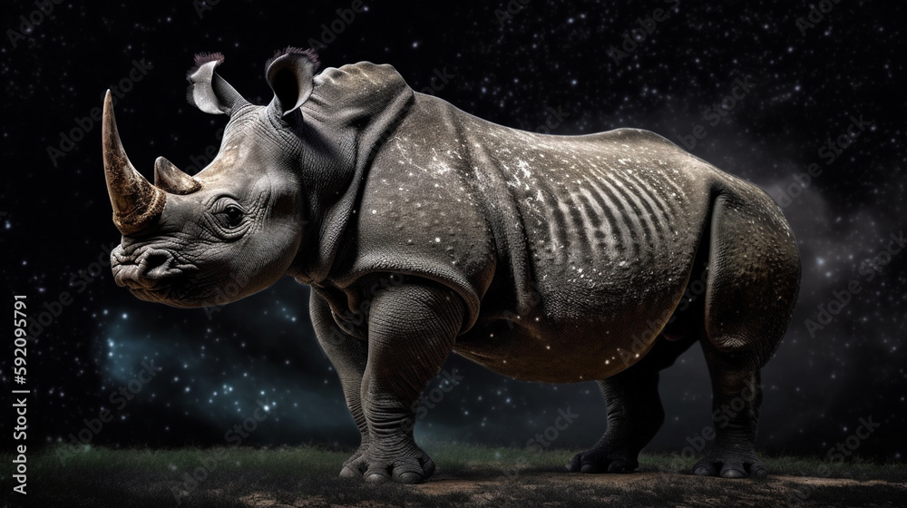 Fototapeta premium White rhinoceros standing in desert at night. generative ai