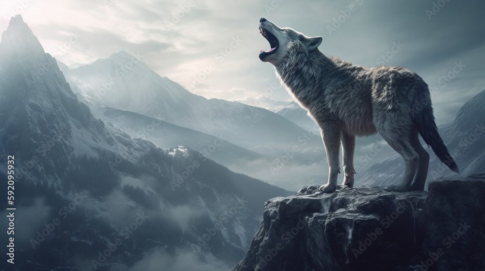 wolf standing on the edge of a cliff and watching the sunset.generative ai wolf standing on the edge of a cliff and watching the sunset.generative ai