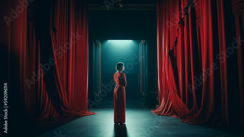 Young woman opening red stage curtain and looking at light coming from behind.generative ai