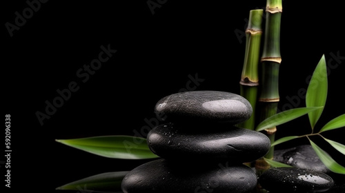 zen basalt stones and bamboo isolated on black background.generative ai