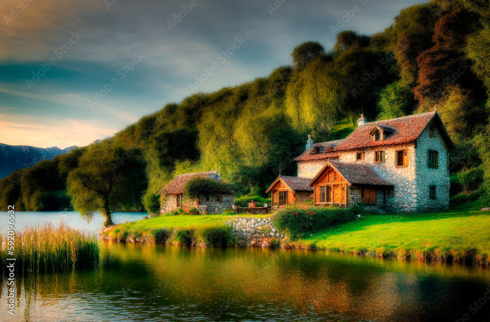 Wooden house on the lake in the mountains. Beautiful cottage on the bank of the river in the village. Generative AI.