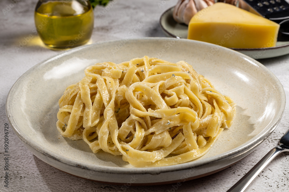 Delicious fettuccine pasta with white cheese sauce. Fettuccine pasta with Alfredo sauce. Delicious fettuccine pasta with white cheese sauce. Fettuccine pasta with Alfredo sauce.