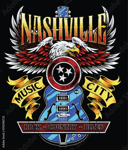 Vintage Retro Nashville Eagle Rock Concert Tee Vector Design. 