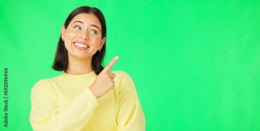 Portrait, pointing and product placement with a woman on green screen in studio for marketing or advertising. Hand gesture, product placement and options with an attractive young female on chromakey Portrait, pointing and product placement with a woman on green screen in studio for marketing or advertising. Hand gesture, product placement and options with an attractive young female on chromakey