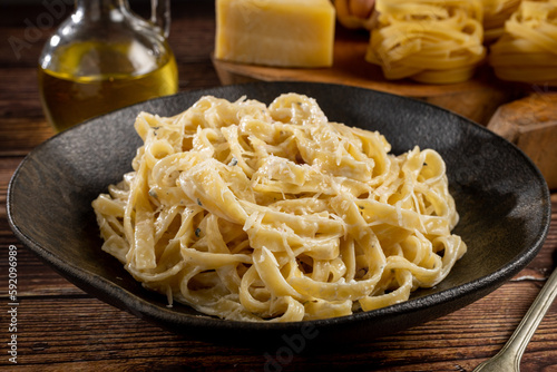 Delicious fettuccine pasta with white cheese sauce. Fettuccine pasta with Alfredo sauce.