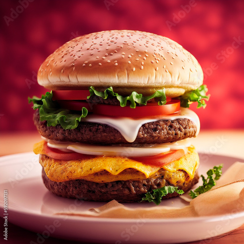 Big harmful burger. Close up. Appetizing burger with variety of fillings. Generative AI.