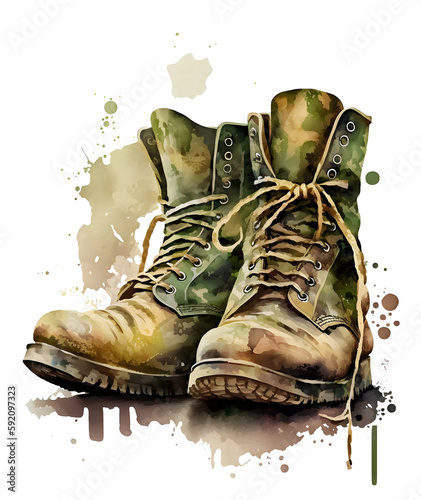 pair of veteran boots isolated, watercolor, ai art photo