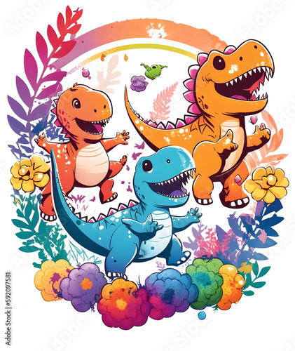 cute dinosaur baby with flowers and leaves isolated  ai art