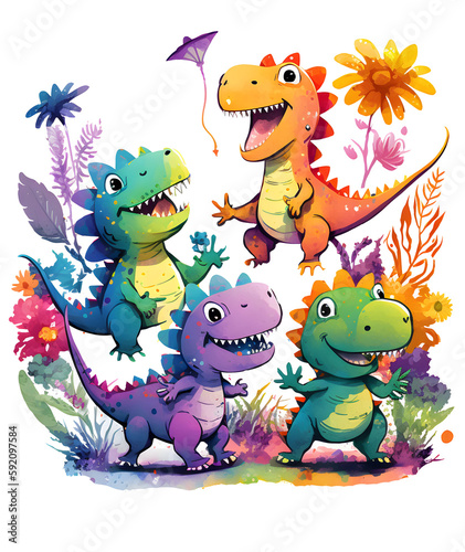 cute dinosaur baby with flowers and leaves isolated, ai art