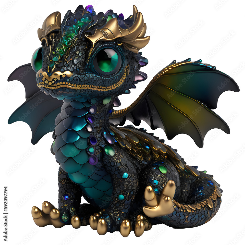 Fototapeta premium Cute large blue eye baby dragon with wing, ai art