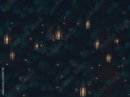  lamps hanging from pine branches at night