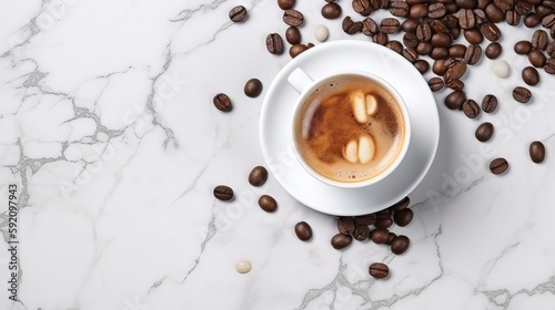 Top View of a Cup of Coffee Surrounded by Roasted Coffee Beans Fresh Brew Generative AI