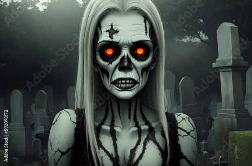 Zombie woman in cemetery. Portrait of living dead female among buried graves. Generative AI.