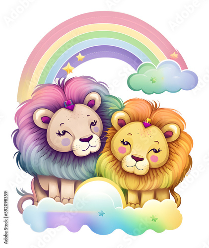 Lion couple watercolor  cute lion heart love  generated with ai