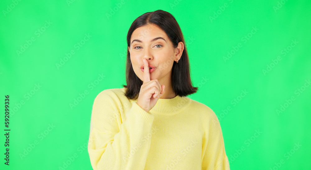 Green screen, happy face and secret woman with finger on lips, wink and privacy in studio. Portrait of female model, silence and shush for quiet, gossip and whisper emoji for confidential surprise Green screen, happy face and secret woman with finger on lips, wink and privacy in studio. Portrait of female model, silence and shush for quiet, gossip and whisper emoji for confidential surprise