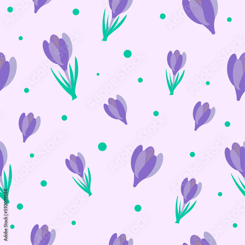 Seamless spring floral pattern with purple crocus.