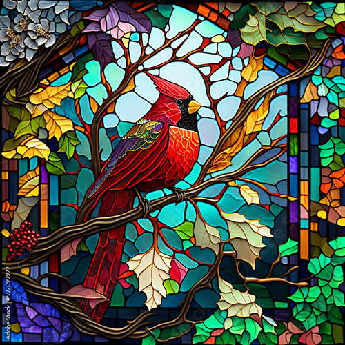 Stained glass cardinal bird, red Christmas bird with flowers, generated by AI