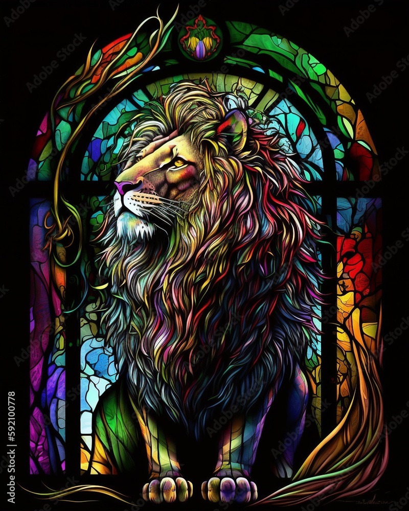 Stained glass lion colorful art, generated by AI Stained glass lion colorful art, generated by AI