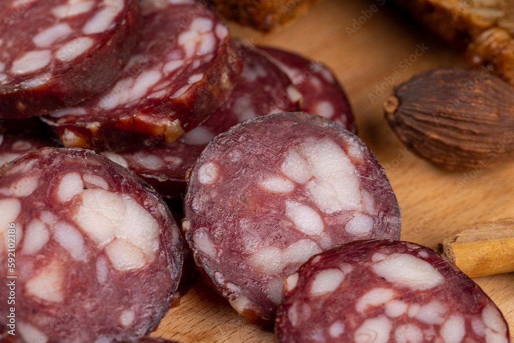 sliced high-quality pork sausage with the addition of lard pieces sliced high-quality pork sausage with the addition of lard pieces