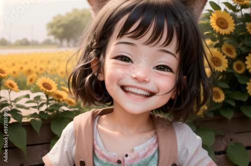 Little positive girl in city park. Portrait of happy kid with smile on walk. Generative AI.