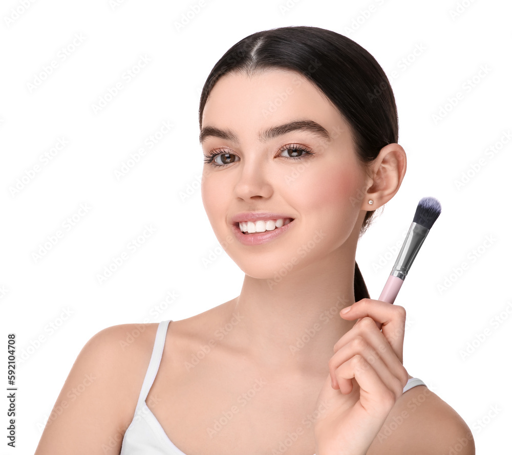 Teenage girl with makeup brush on white background Teenage girl with makeup brush on white background