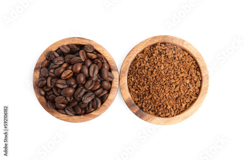Bowls of instant coffee and beans on white background, top view