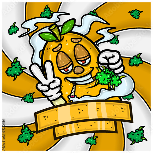 Mango Fruit Flavor Mascot Character Cartoon With Weed Bud Packaging Design. For Label, Packaging, Product, Cover and Branding.