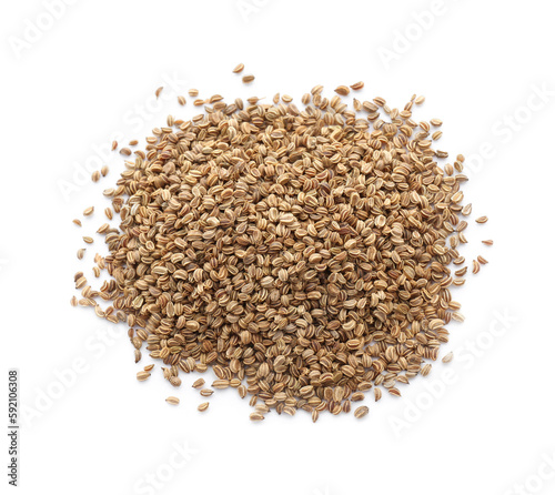 Pile of celery seeds isolated on white, top view