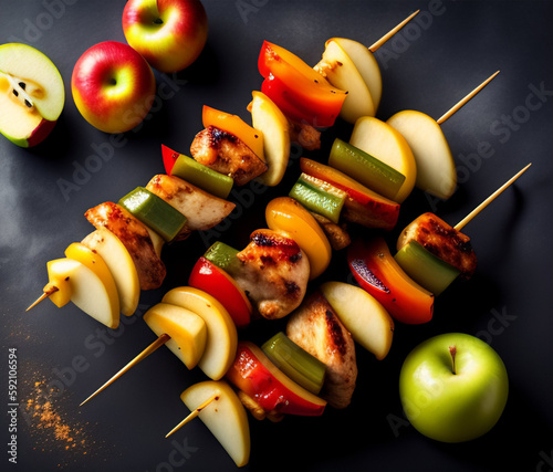 Chicken skewers on wooden skewers with baked apple slices. Close-up