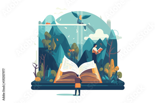 Open large bible man looking over, birds, trees, nature, colorful vector illustration photo