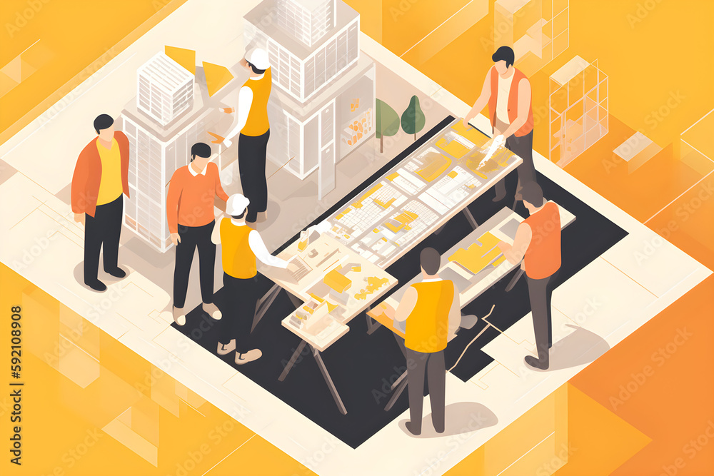 Flat vector illustration Architects, construction workers and people ...