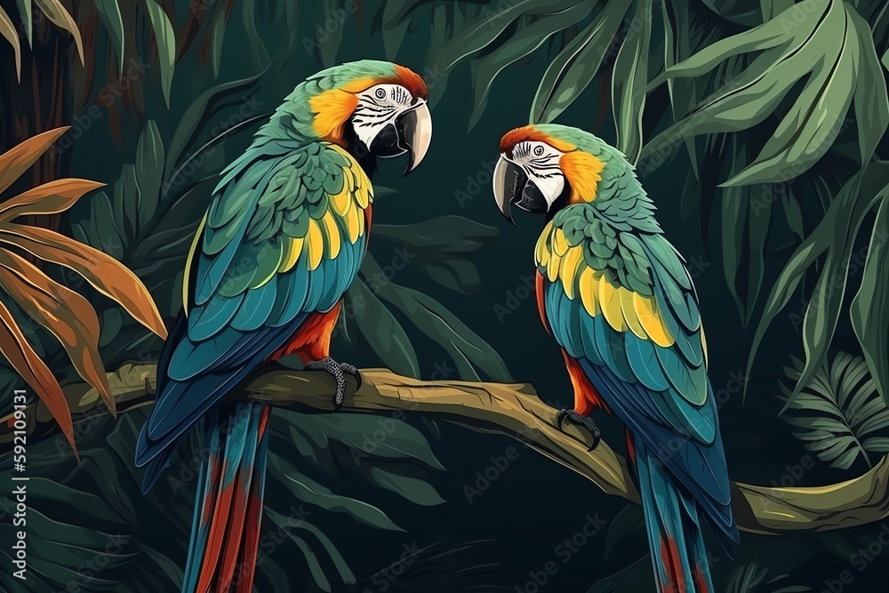 Fototapeta premium Colorful parrots in forest, generative ai