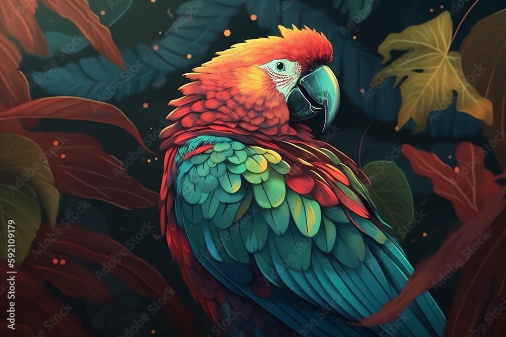 Fototapeta premium Colorful parrots in forest, generative ai