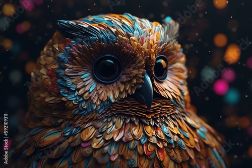 Photo an owl with colorful feather, generative ai