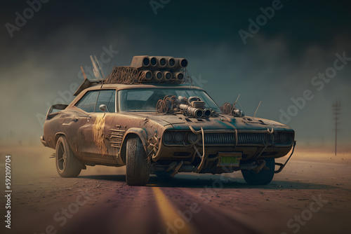 Future fantasy concept car with corrugated iron protection in a post apocalyptic desert wasteland at sunset. Neural network AI generated art photo