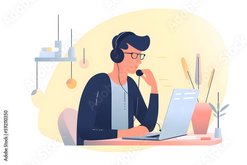 Flat vector illustration Asian man calling center and consulting customer service, help or office support with headset on computer. Male consultant agent talking on PC with headset for telemarketing o