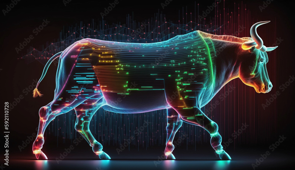 Financial stock market bull, technological trading graph, marketplace, stock exchange, Generative AI