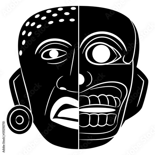 Human head half skull half alive. Native American art. Indigenous Mexican design from Veracruz. Juxtaposition of life and death. Dualism concept. Black and white negative silhouette. Vita brevis. Meme photo