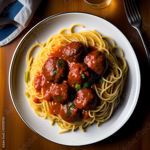 Plate with spaghetti and meatballs in tomato sauce. View from above. Close-up