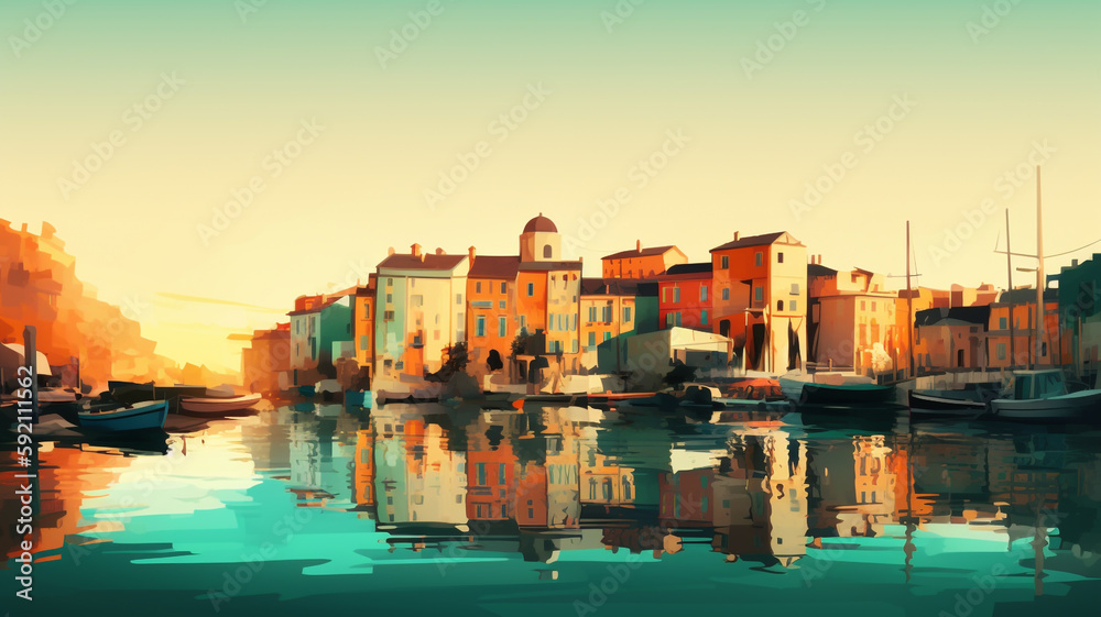 Obraz premium Serene Sunrise Landscapes: Captivating Coastal & Border Town Scenes, Tranquil Morning Ambience, Scenic Views, Waterfront Beauty, Idyllic Outdoor Settings, and Breathtaking Nature Panoramas