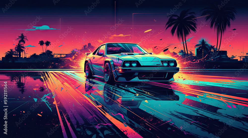 Retrowave neon road car in the highway illustration made with Generative AI
