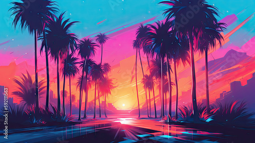 Retrowave neon road in the middle of palms to the sea illustration made with Generative AI