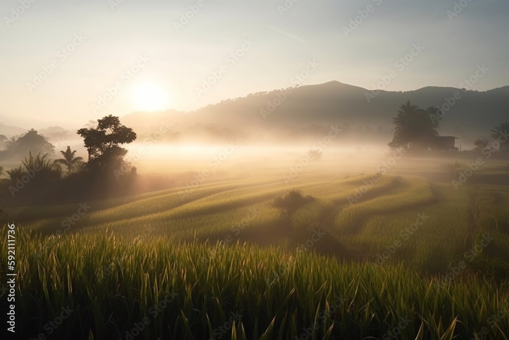sunrise in rice fields with hills