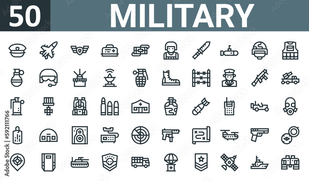 set of 50 outline web military icons such as hat, plane, badge, first ...