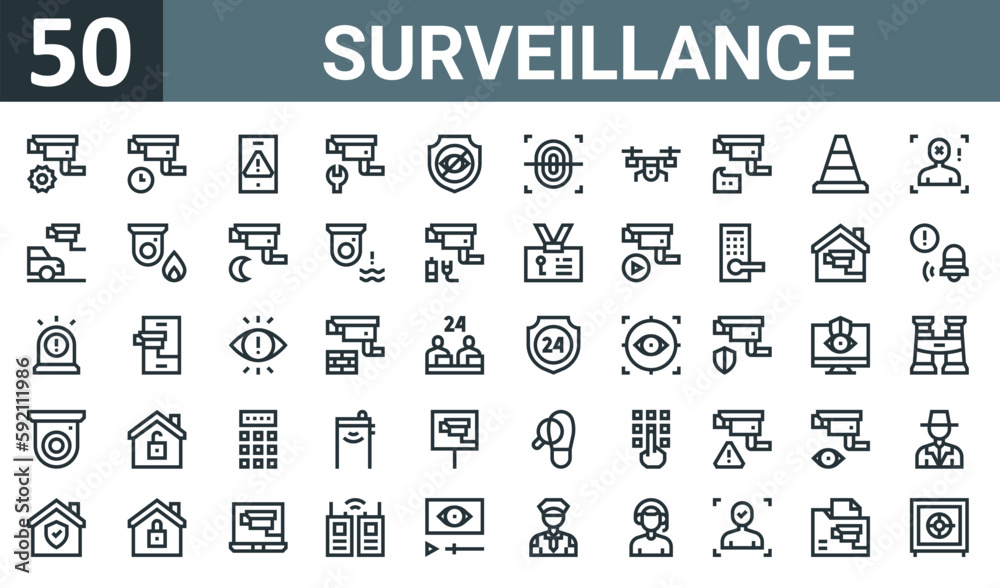 Vecteur Stock Set Of 50 Outline Web Surveillance Icons Such As Vecteur Stock Set Of 50 Outline Web Surveillance Icons Such As