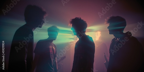 Music Concert retro 80s and 90s background. Punk Rock band playing, guitar and instruments. Psychic Waves, nostalgia, vintage. Vaporwave, synthwave, chillwave. Wallpaper, template. Generative AI.