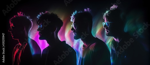 Punk Rock band silhouette retro 80s and 90s. Psychic Waves, nostalgia, vintage. Vaporwave, synthwave, chillwave. Wallpaper, template. Generative AI.